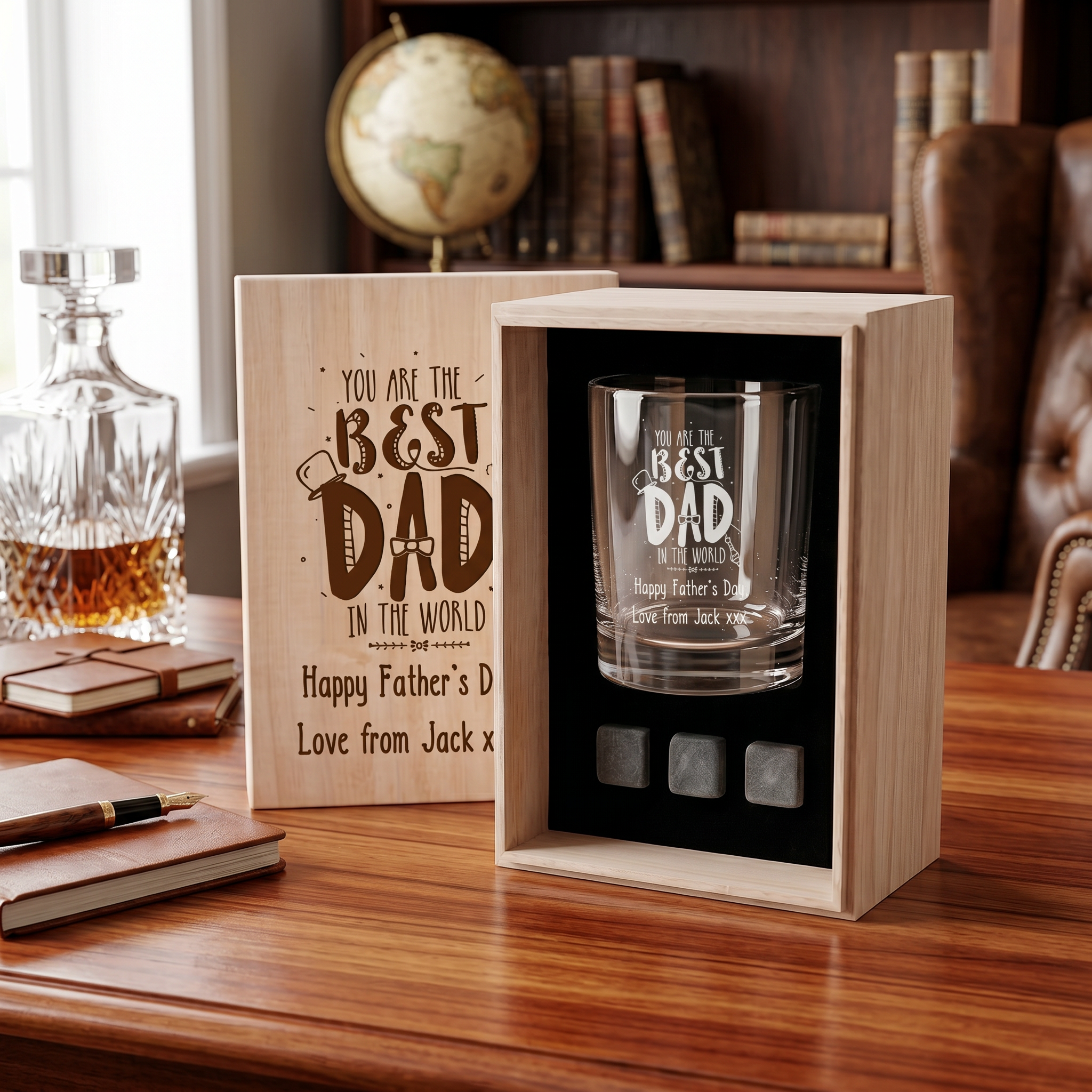 Personalised Best Dad Whisky Gift Set Stones & Tumbler Glass Engraved For Fathers Day Birthday or Christmas