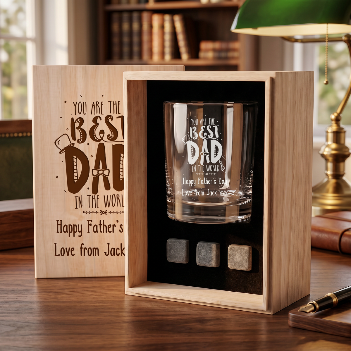 Personalised Best Dad Whisky Gift Set Stones & Tumbler Glass Engraved For Fathers Day Birthday or Christmas