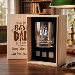 Personalised Best Dad Whisky Gift Set Stones & Tumbler Glass Engraved For Fathers Day Birthday or Christmas
