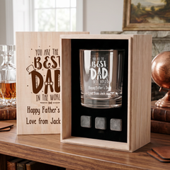 Personalised Best Dad Whisky Gift Set Stones & Tumbler Glass Engraved For Fathers Day Birthday or Christmas