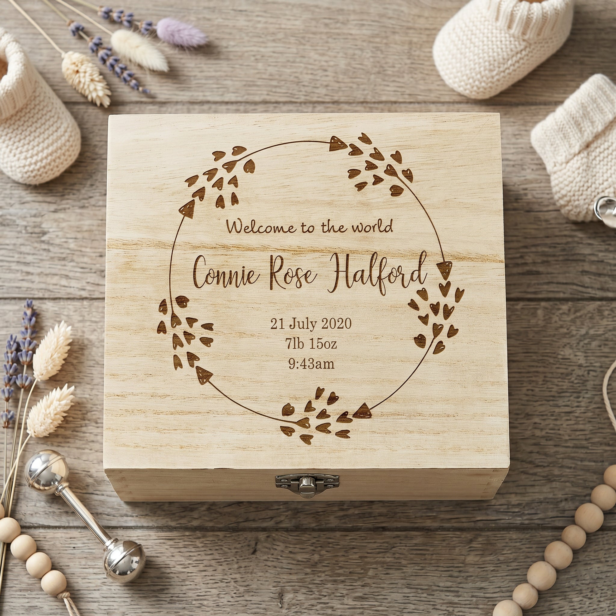 Personalised Welcome To The World Baby Keepsake Box With Wreath Keepsake Box ukgiftstoreonline