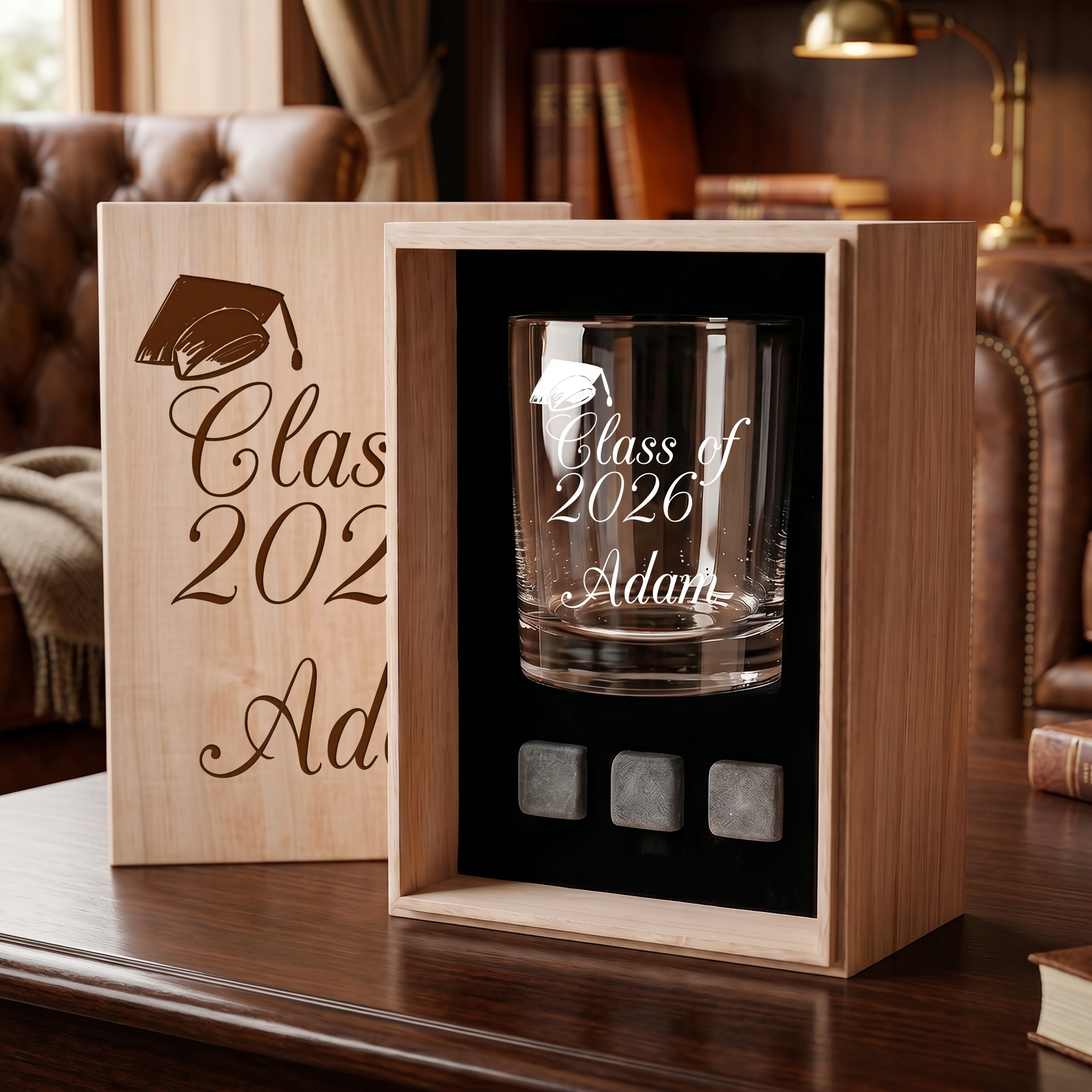 Personalised Engraved Graduation Whisky Gift Set Stones & Tumbler Glass Engraved For Graduates