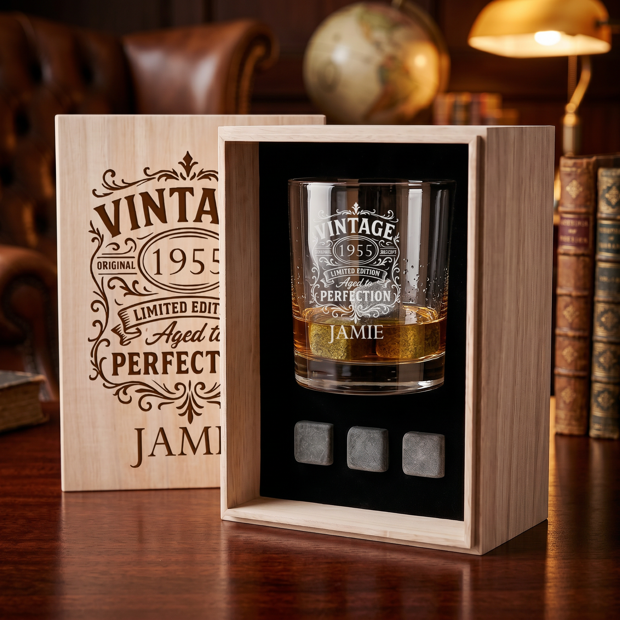 Personalised Any Year and name Whisky Gift Set Stones & Tumbler Glass Engraved