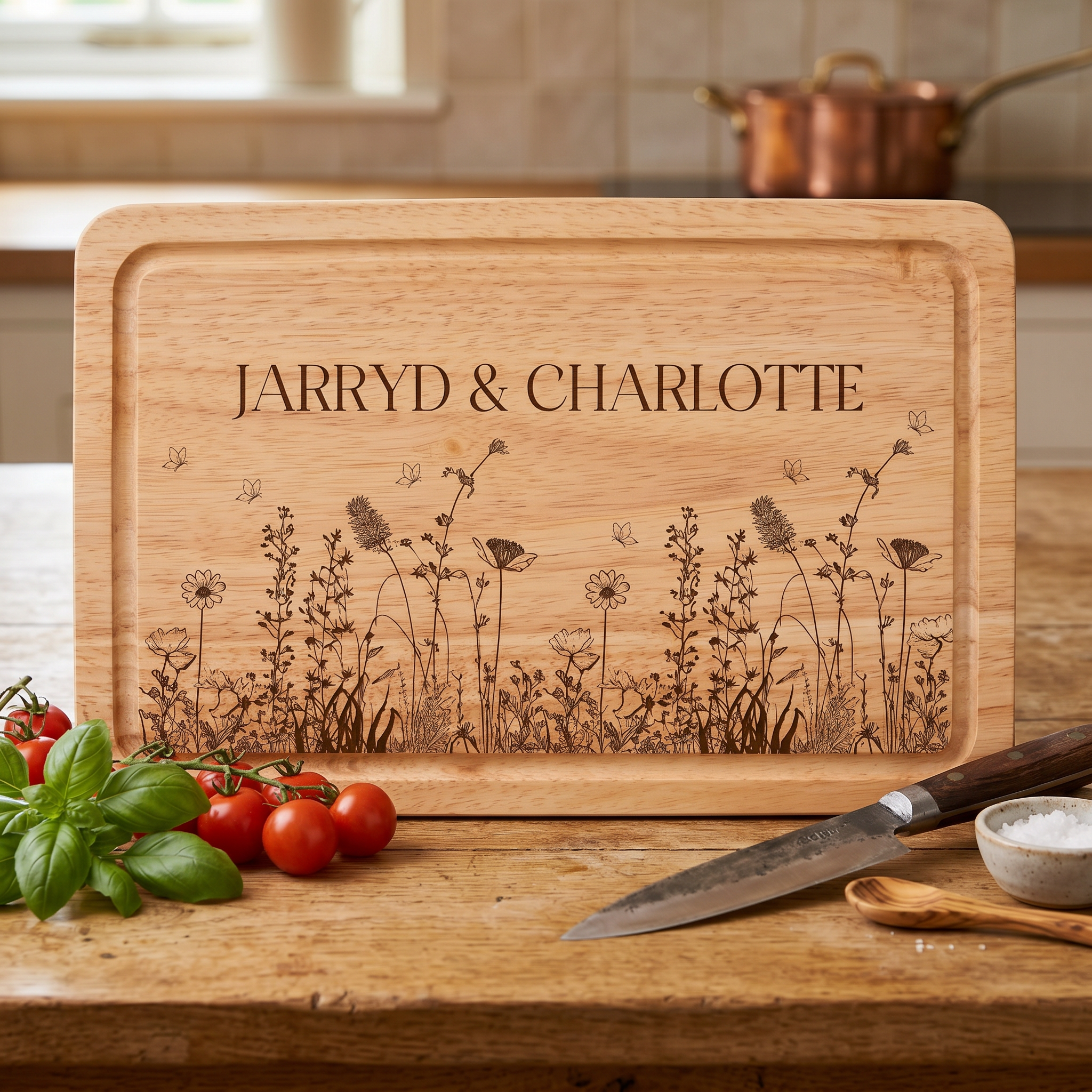 Wildflower Engraved Solid Wooden Chopping Board with Optional Personalisation For Any Occasion chopping Board ukgiftstoreonline