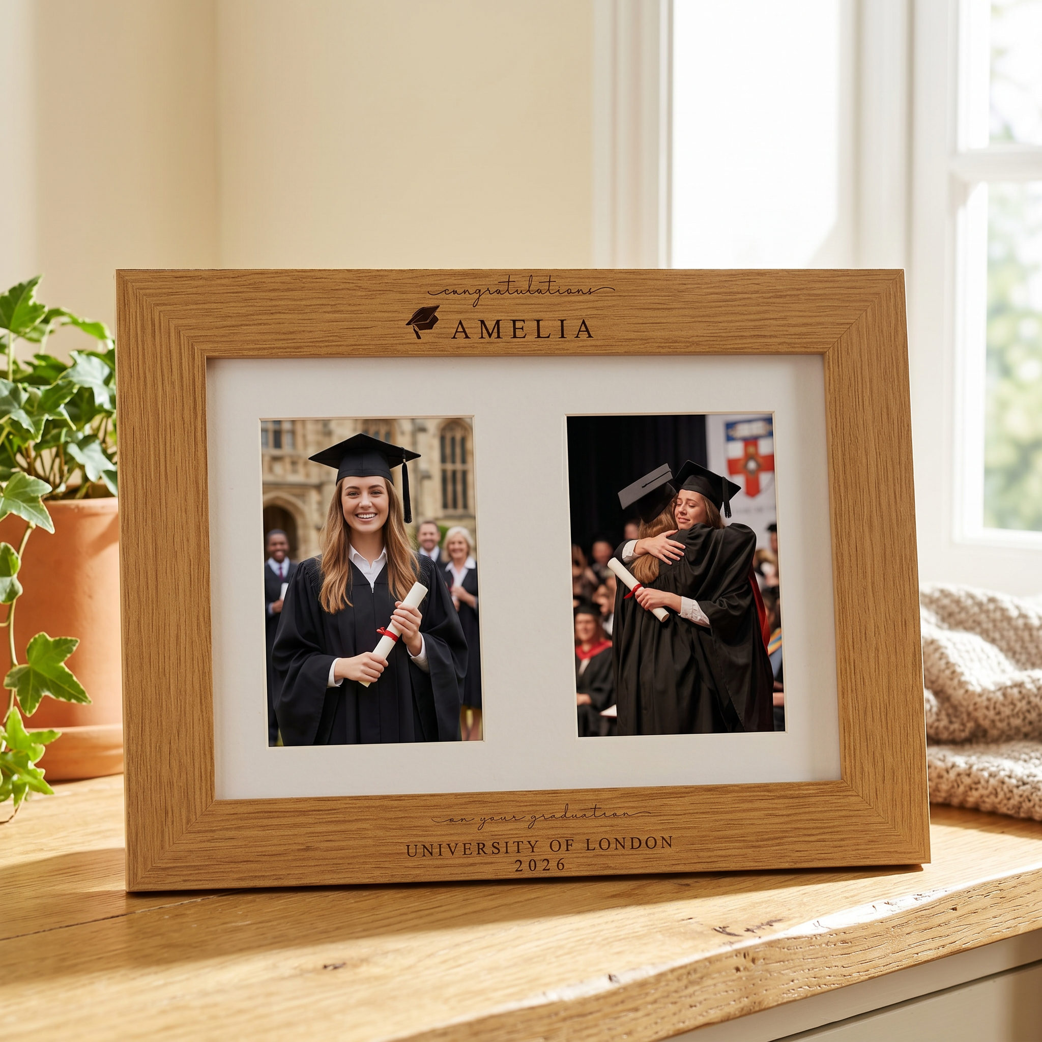 Graduation Gift | Congratulations Gift for University Graduate | Personalised Double Frame Engraved Oak Finish