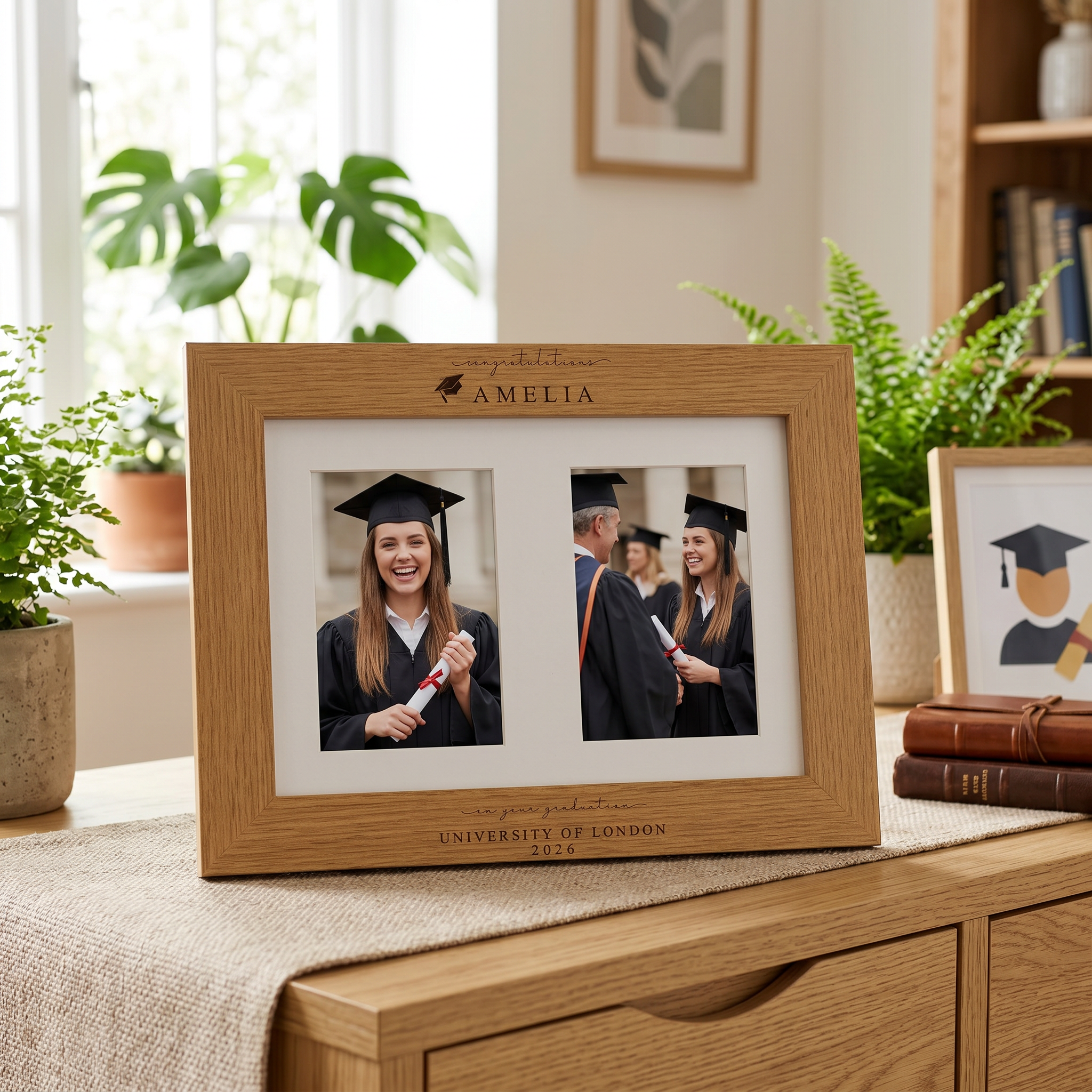 Graduation Gift | Congratulations Gift for University Graduate | Personalised Double Frame Engraved Oak Finish