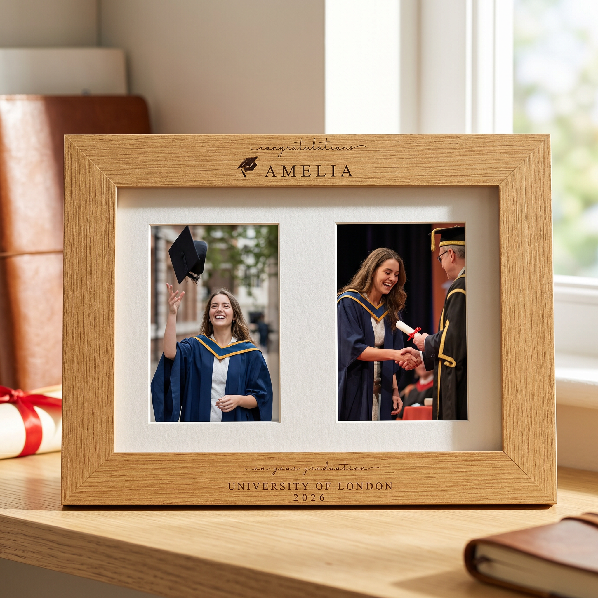 Graduation Gift | Congratulations Gift for University Graduate | Personalised Double Frame Engraved Oak Finish