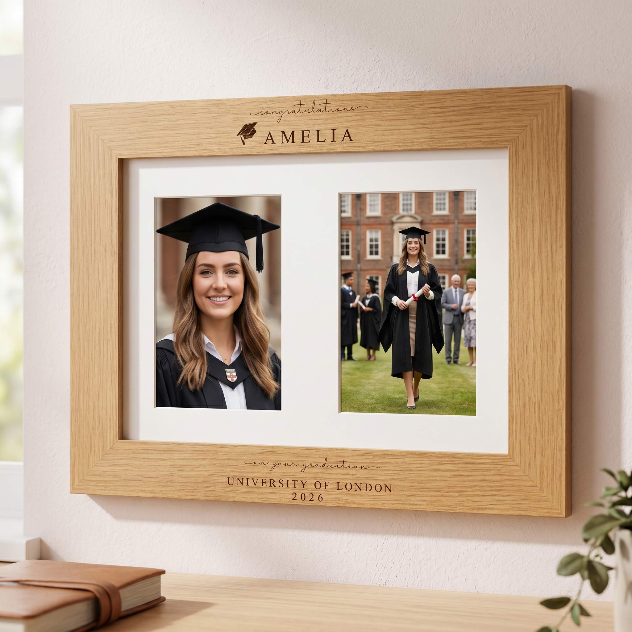 Graduation Gift | Congratulations Gift for University Graduate | Personalised Double Frame Engraved Oak Finish