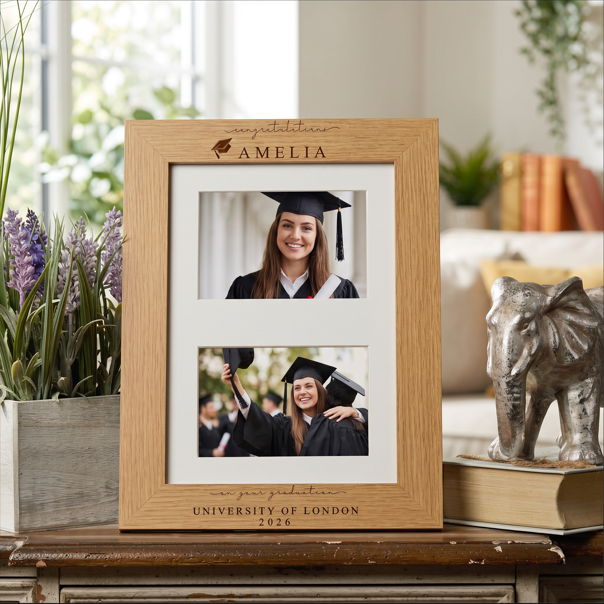 Graduation Gift | Congratulations Gift for University Graduate | Personalised Double Frame Engraved Oak Finish