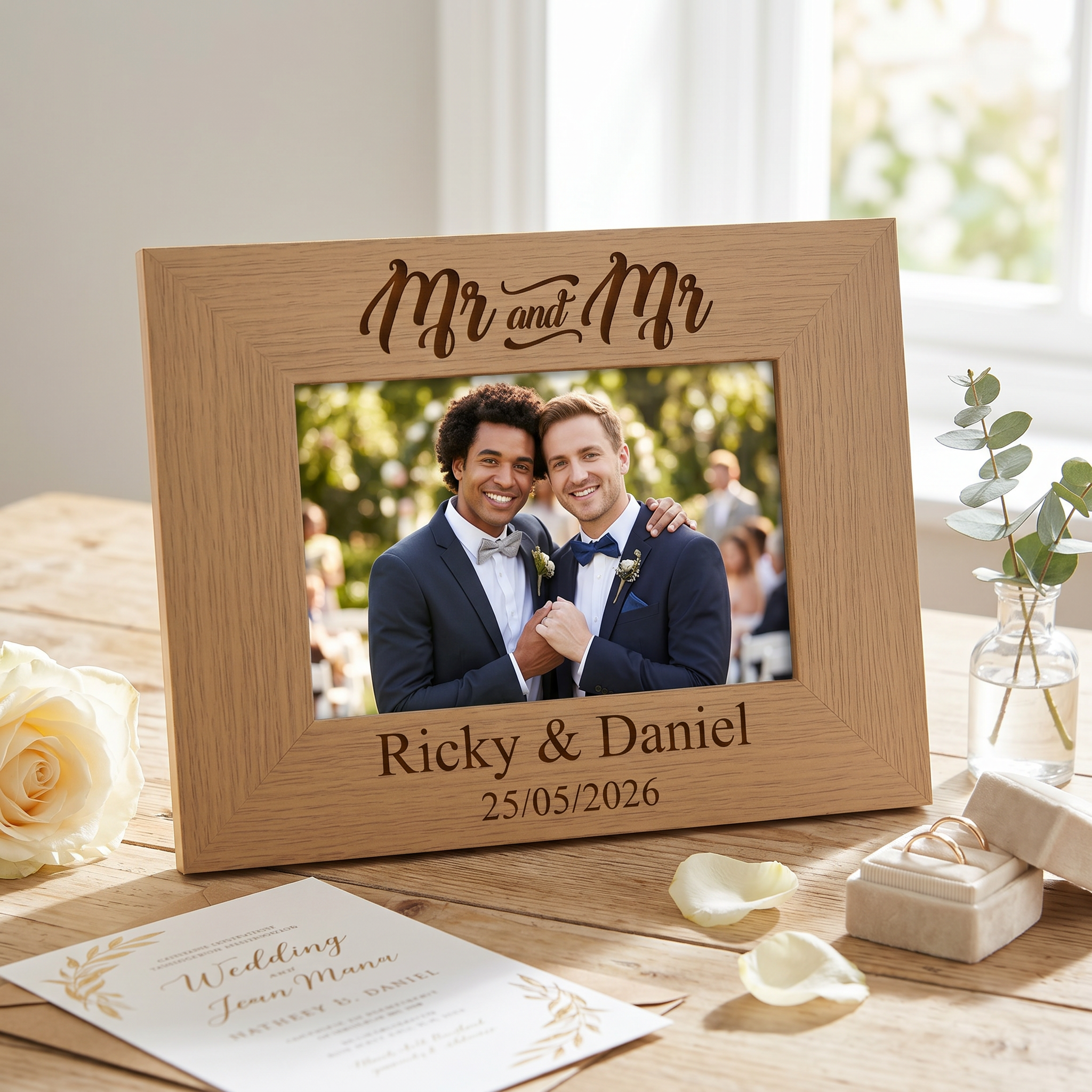 Personalised Mr and Mr Gay Wedding Engraved Wooden Photo Frame Landscape wedding photo frame ukgiftstoreonline