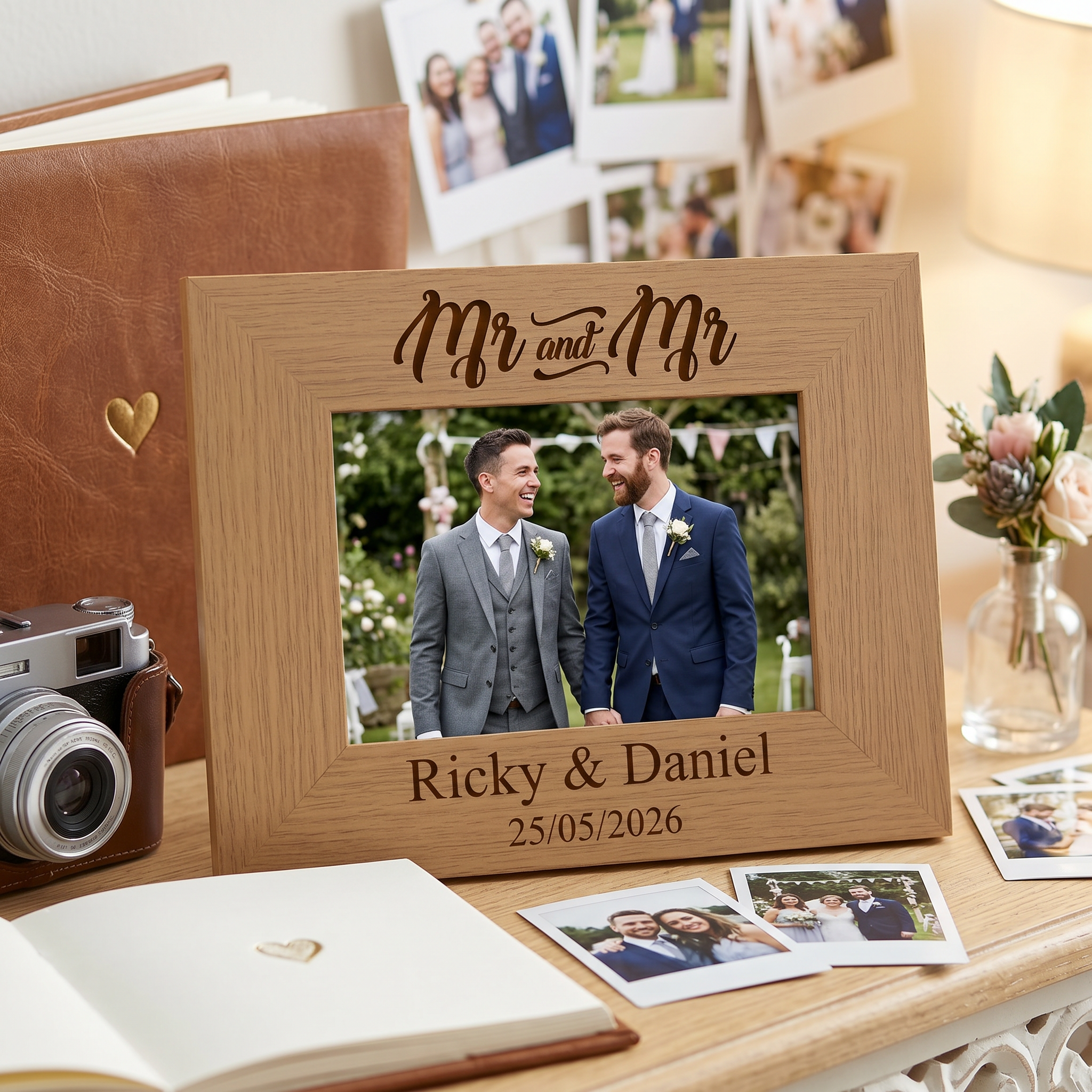 Personalised Mr and Mr Gay Wedding Engraved Wooden Photo Frame Landscape wedding photo frame ukgiftstoreonline