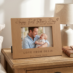 Personalised First Fathers's Day Photo Frame Gift Engraved Oak Wood Finish Dad Daddy or Grandad Pet Photo Frame ukgiftstoreonline Landscape 4 x 6 Inch