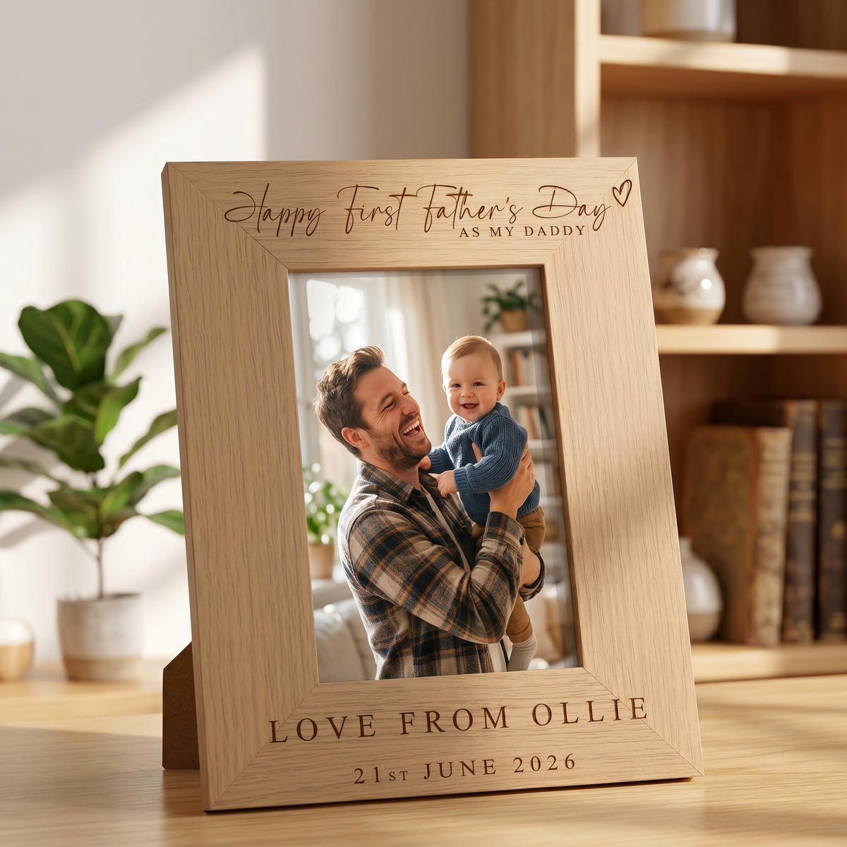 Personalised First Fathers's Day Photo Frame Gift Engraved Oak Wood Finish Dad Daddy or Grandad Pet Photo Frame ukgiftstoreonline Portrait 4 x 6 Inch