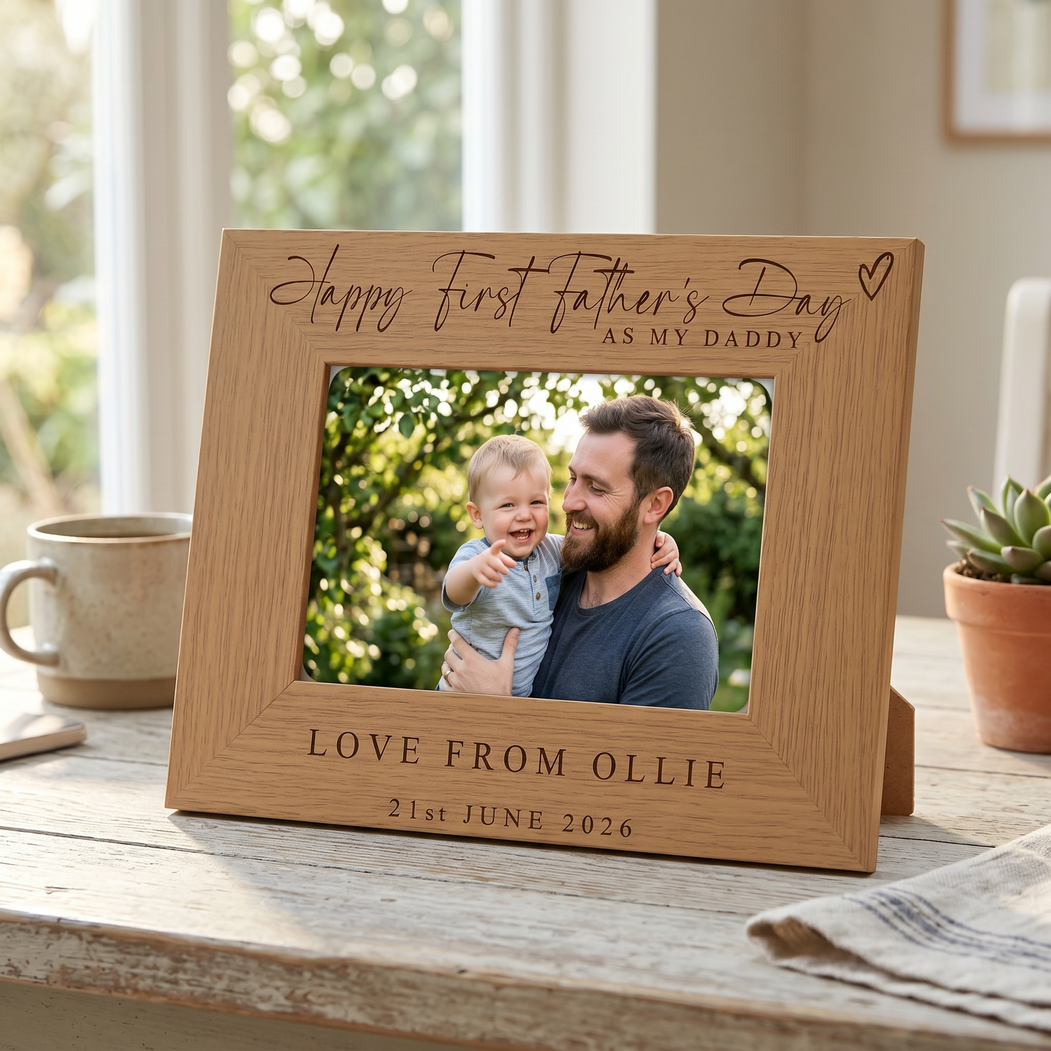 Personalised First Fathers's Day Photo Frame Gift Engraved Oak Wood Finish Dad Daddy or Grandad Pet Photo Frame ukgiftstoreonline