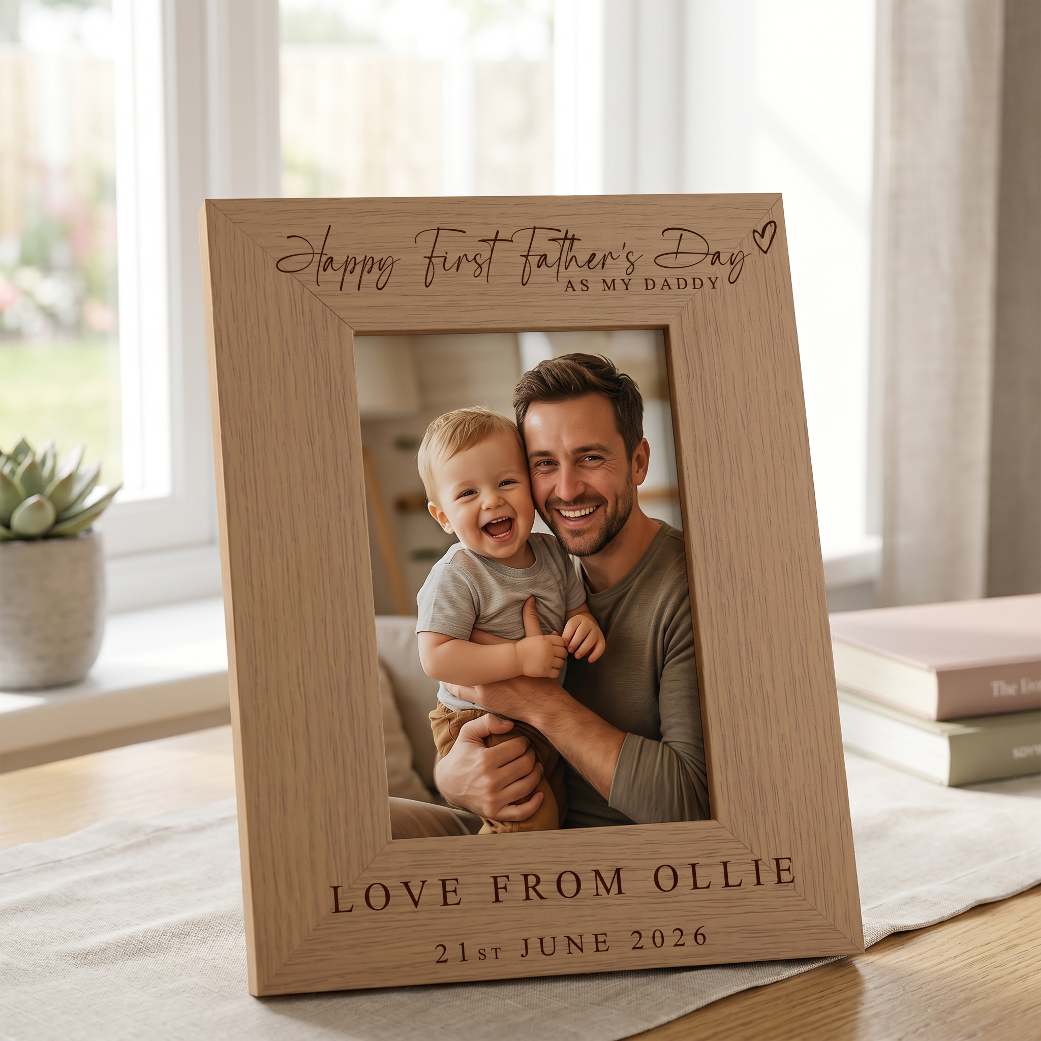 Personalised First Fathers's Day Photo Frame Gift Engraved Oak Wood Finish Dad Daddy or Grandad Pet Photo Frame ukgiftstoreonline