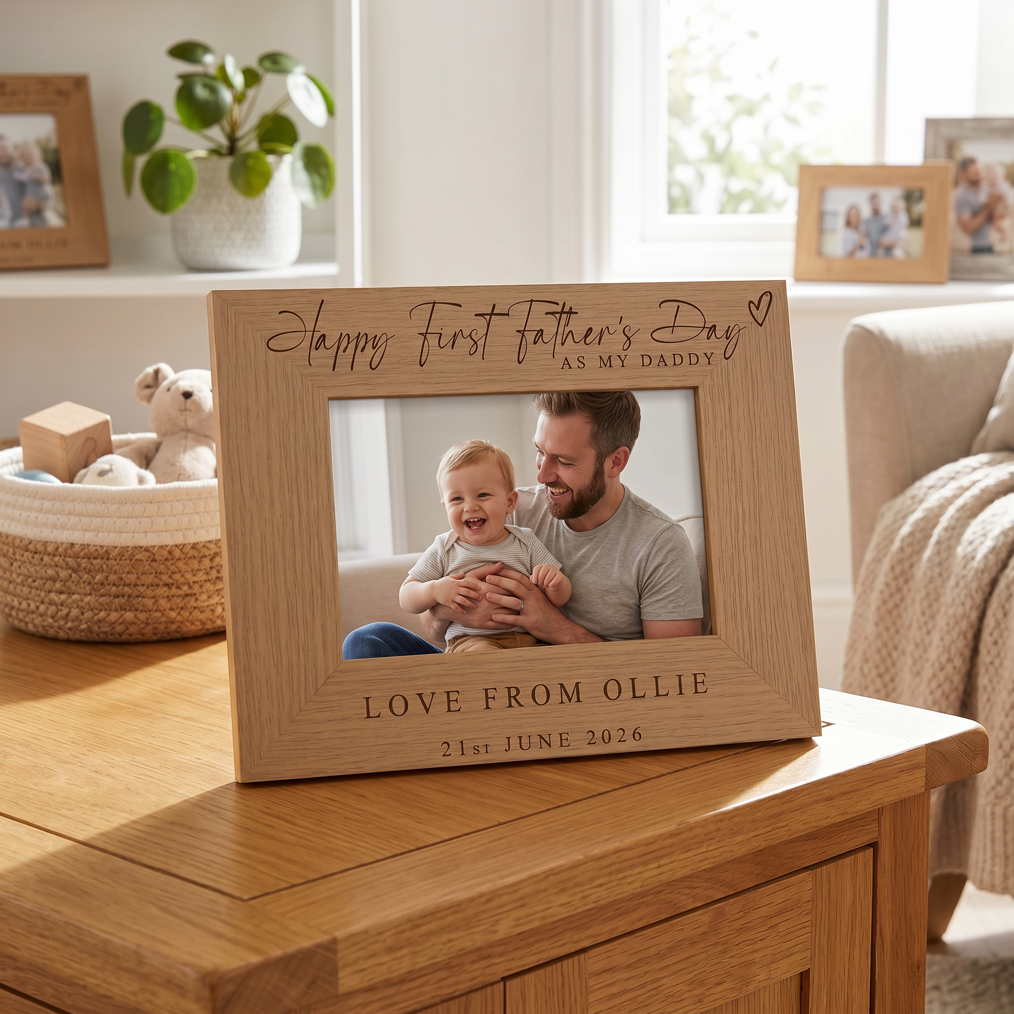 Personalised First Fathers's Day Photo Frame Gift Engraved Oak Wood Finish Dad Daddy or Grandad Pet Photo Frame ukgiftstoreonline