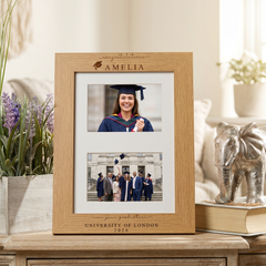 Graduation Gift | Congratulations Gift for University Graduate | Personalised Double Frame Engraved Oak Finish