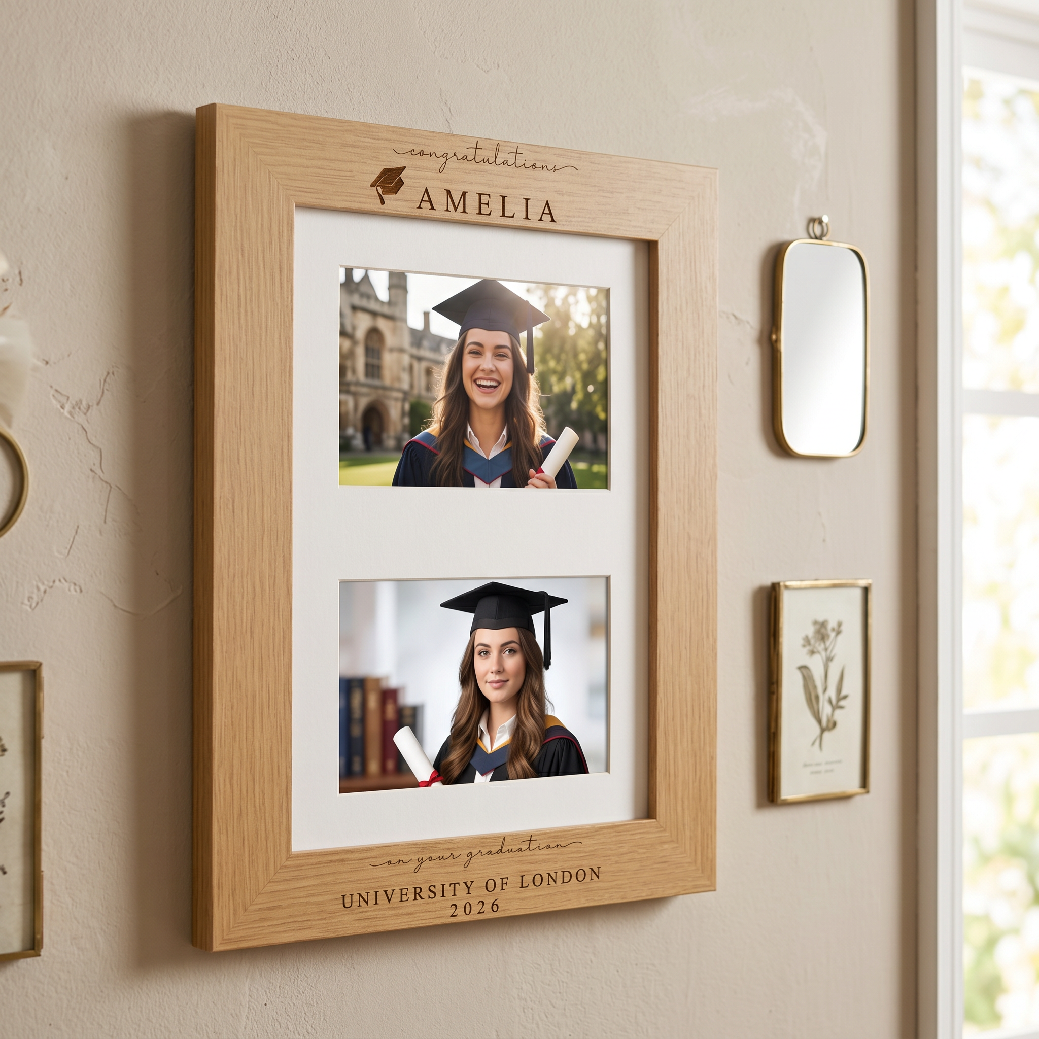 Graduation Gift | Congratulations Gift for University Graduate | Personalised Double Frame Engraved Oak Finish