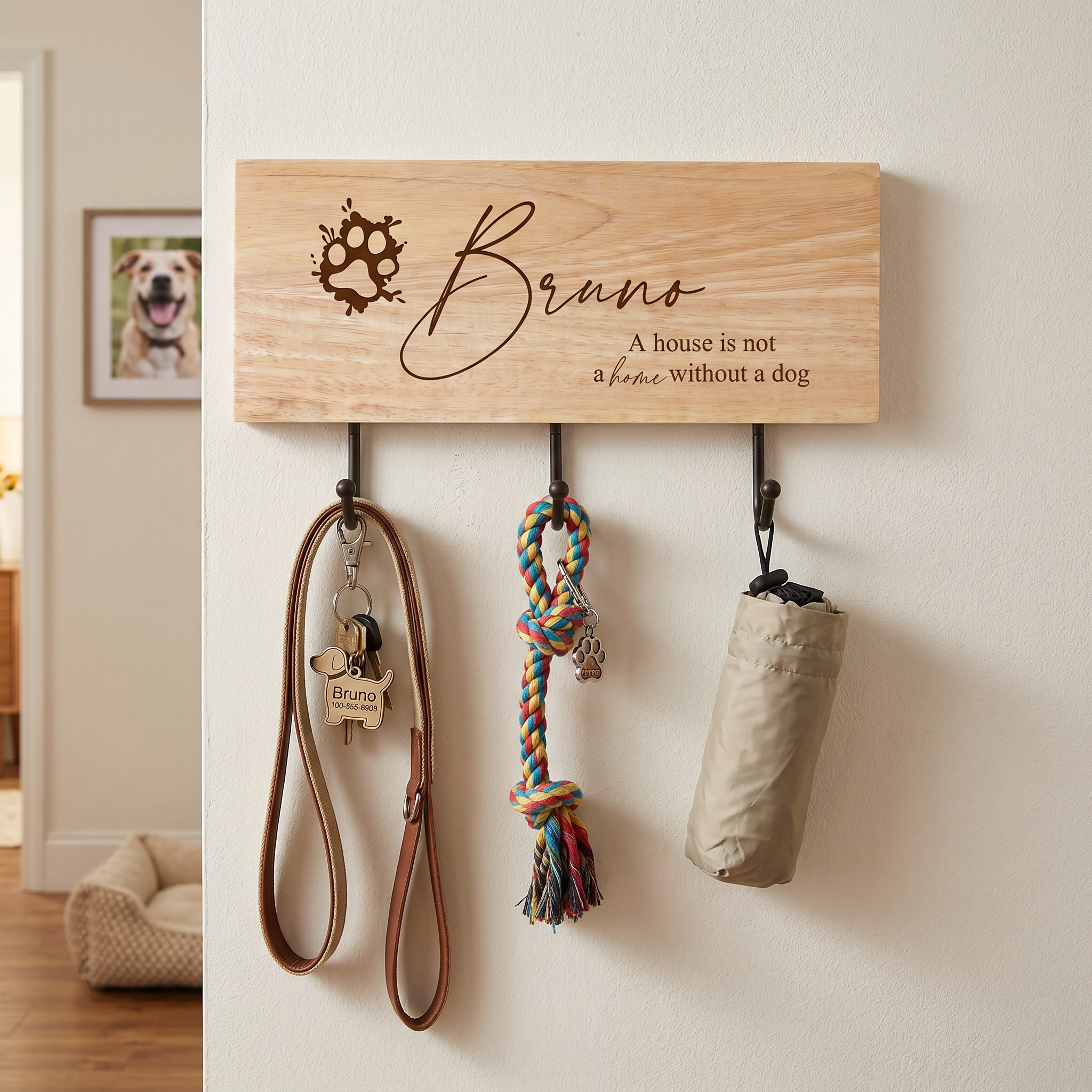 Personalised Engraved Wooden Dog Leash and Coat Hook ukgiftstoreonline