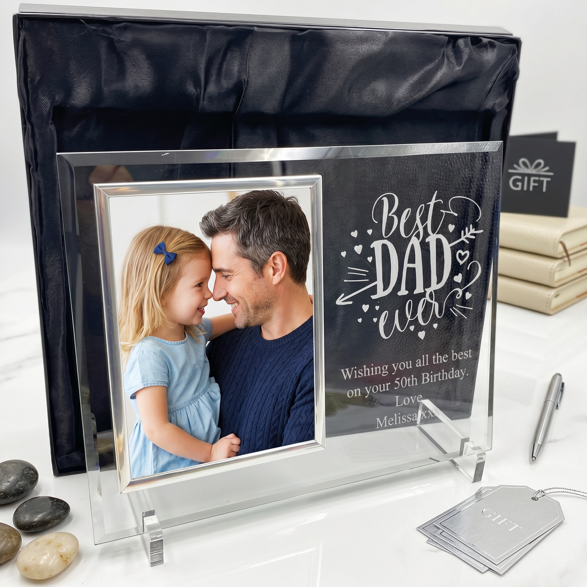 Personalised Engraved Best Dad Ever Large Glass Photo Frame In Silk Lined Gift Box Daddy Photo Frame ukgiftstoreonline