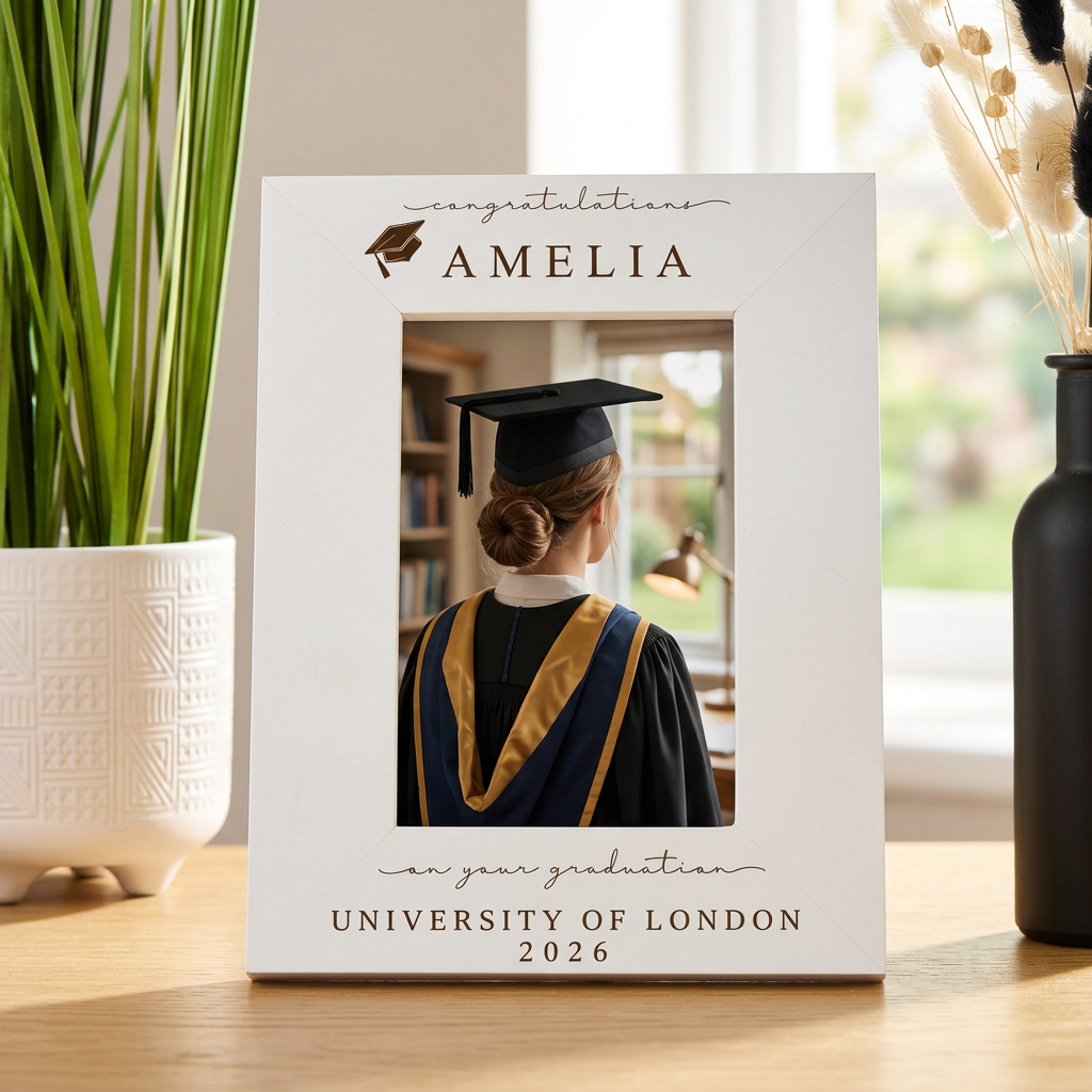 Personalised White Wooden Engraved Graduation Photo Frame Gift For University Graduate