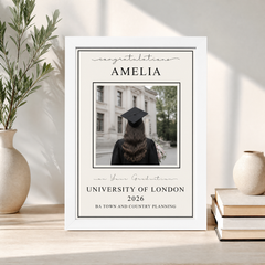 The image is a graduation-themed poster celebrating the achievements of a student named Amelia, who graduated from the University of London in the year 2026.