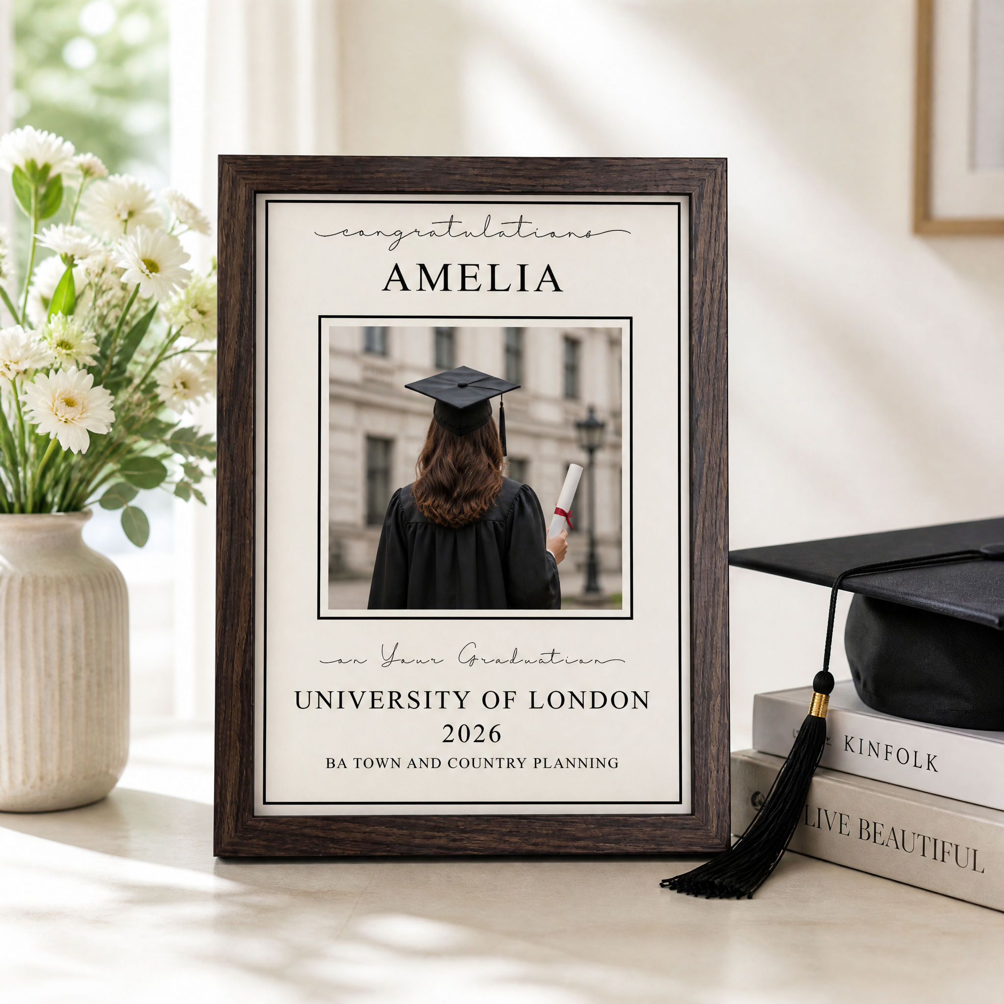 a graduation frame with a photo of a person wearing a graduation cap and gown, and the text congratulating the graduate named Amelia.
