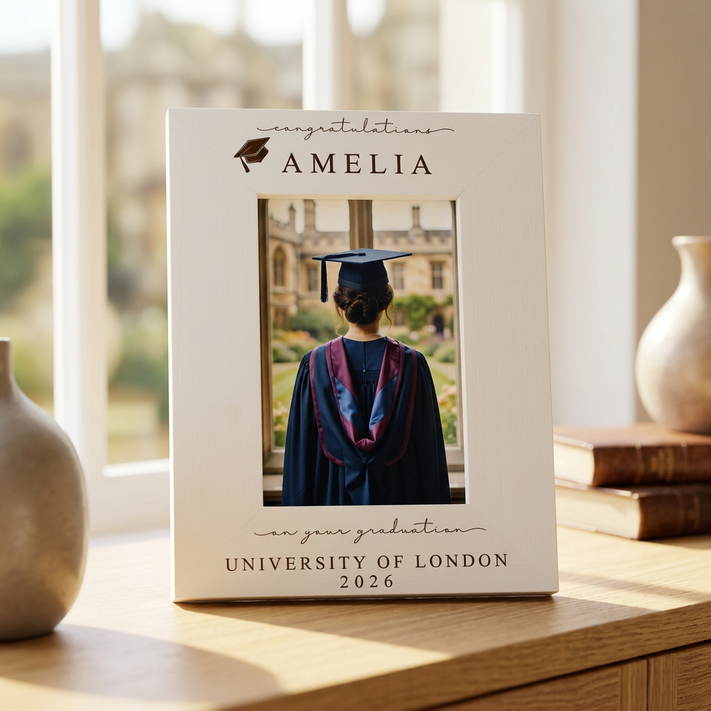 Personalised White Wooden Engraved Graduation Photo Frame Gift For University Graduate