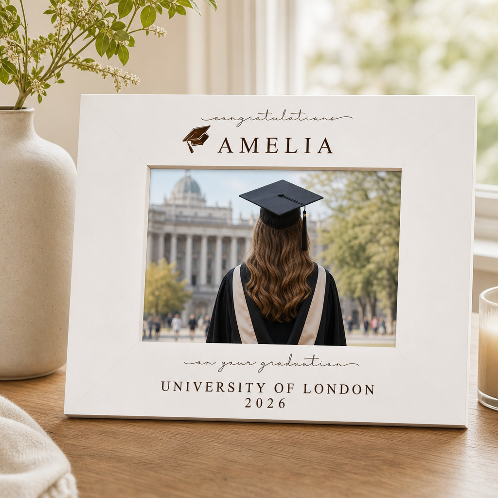 Personalised White Wooden Engraved Graduation Photo Frame Gift For University Graduate