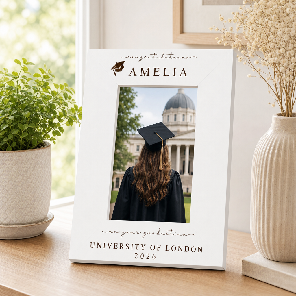 Personalised White Wooden Engraved Graduation Photo Frame Gift For University Graduate