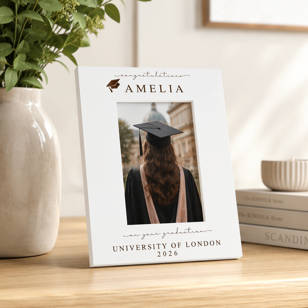 Personalised White Wooden Engraved Graduation Photo Frame Gift For University Graduate