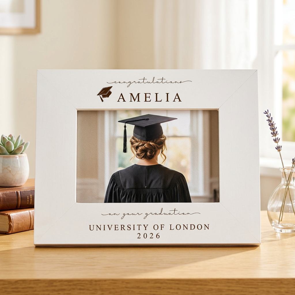 Personalised White Wooden Engraved Graduation Photo Frame Gift For University Graduate