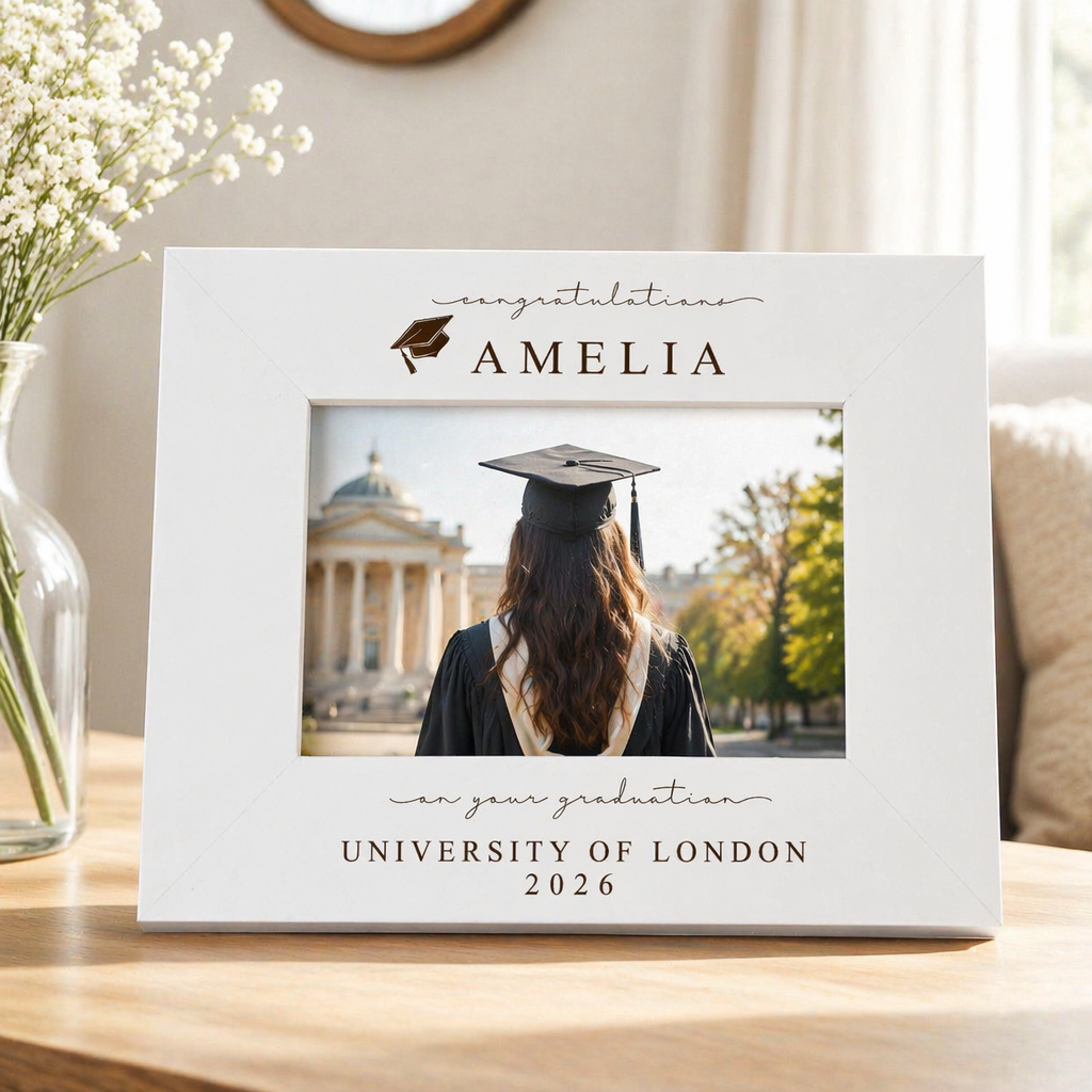 Personalised White Wooden Engraved Graduation Photo Frame Gift For University Graduate