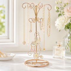 Vintage Style Rose Gold metal jewellery stand, with flowers and butterflies 22.5cm tall