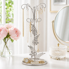 Vintage Style Silver metal jewellery stand, with Daisy flowers 22.5cm tall