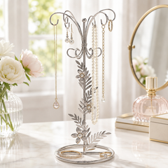 Vintage Style Silver metal jewellery stand, with Daisy flowers 22.5cm tall