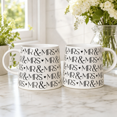 Wedding Mug Set – Ceramic Couple Coffee or Tea Mugs With Subtle Heart Details
