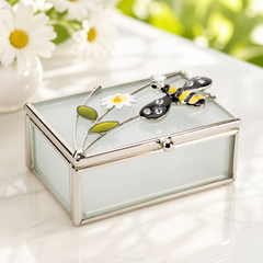 Vintage Style Glass & Wire Bumble Bee Rectangle Trinket Box Gift For Her
