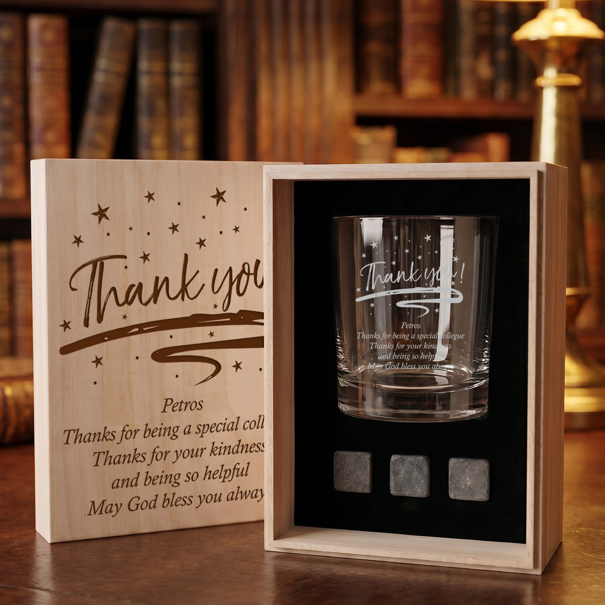 Personalised Thank you Sentiment Whisky Set Stones & Tumbler Glass Engraved