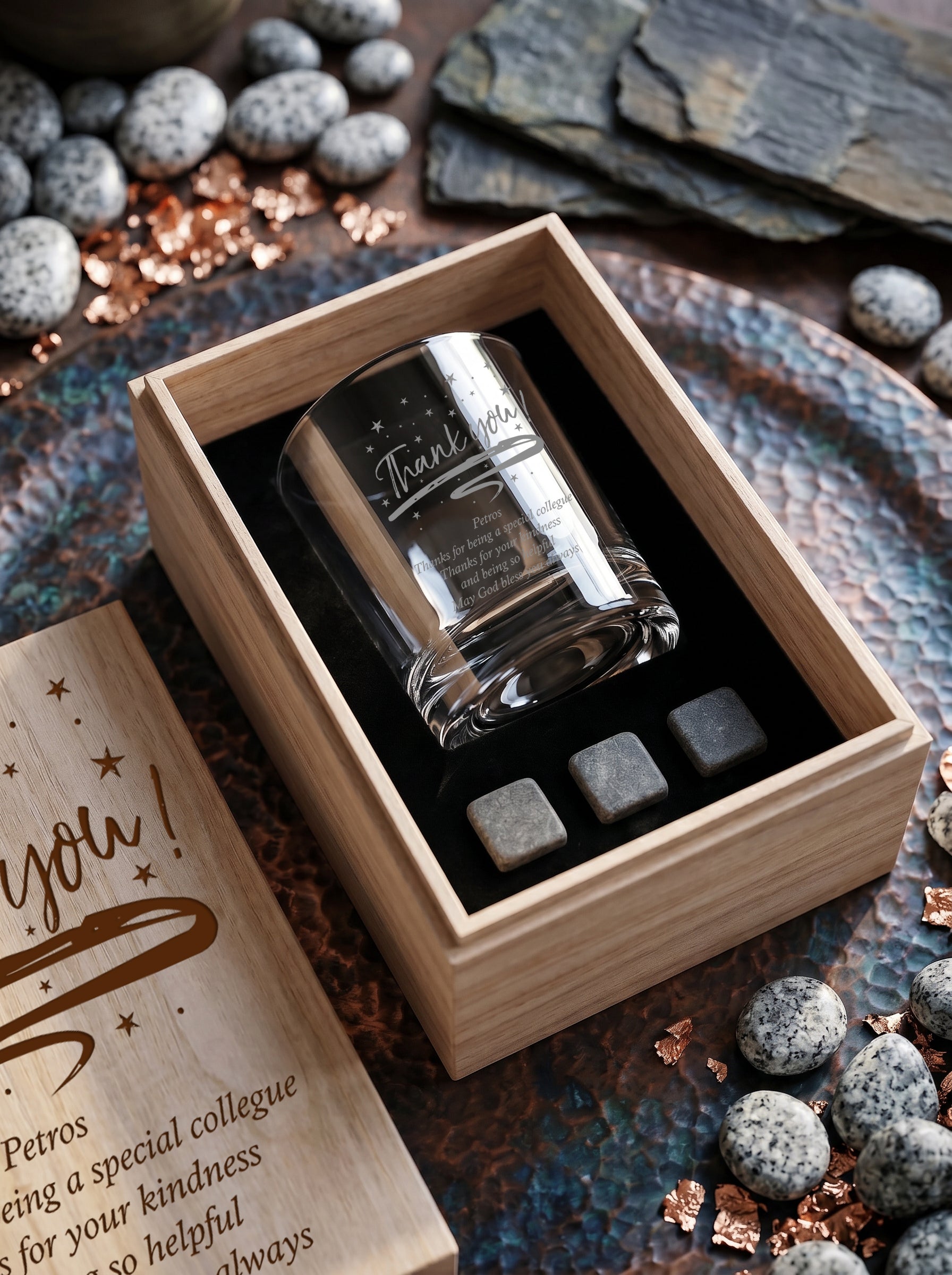 Personalised Thank you Sentiment Whisky Set Stones & Tumbler Glass Engraved