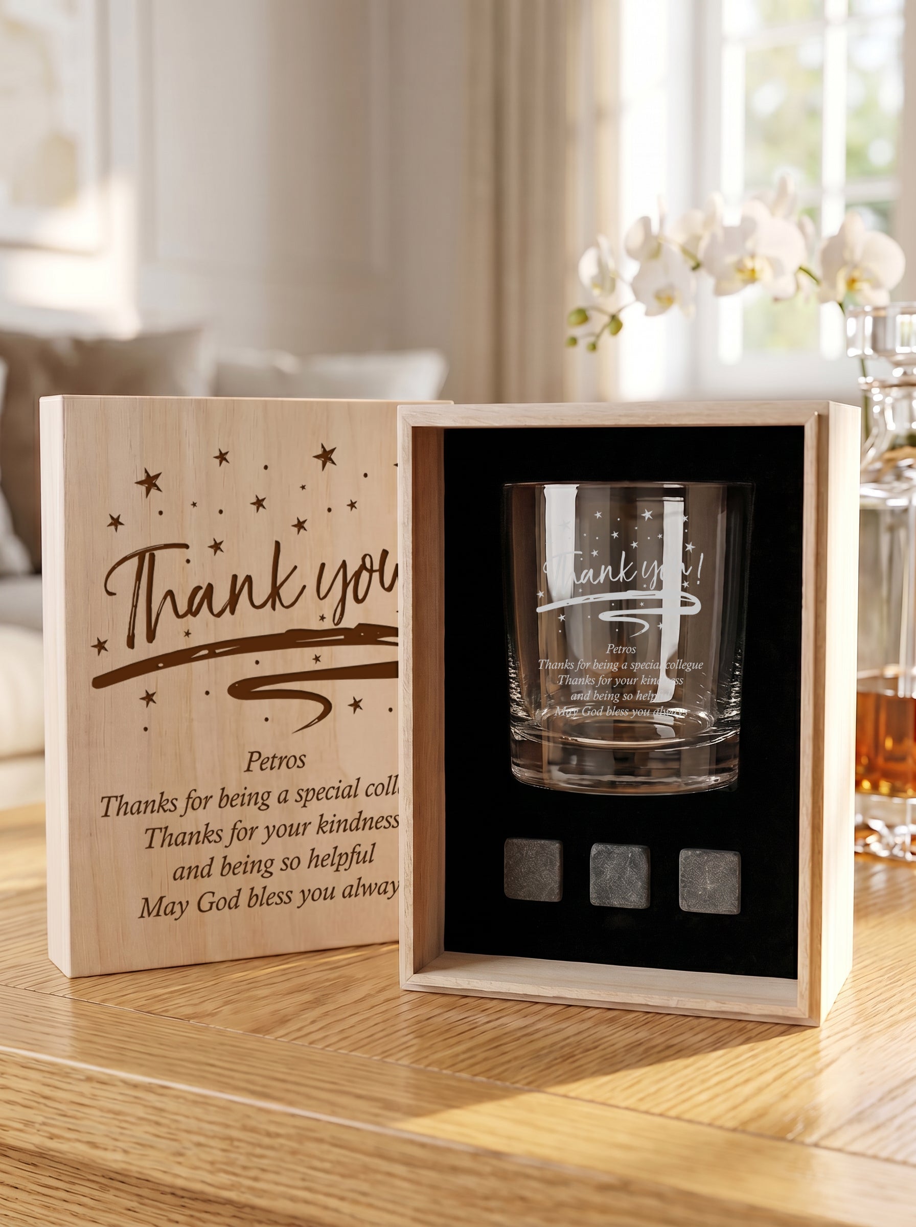 Personalised Thank you Sentiment Whisky Set Stones & Tumbler Glass Engraved