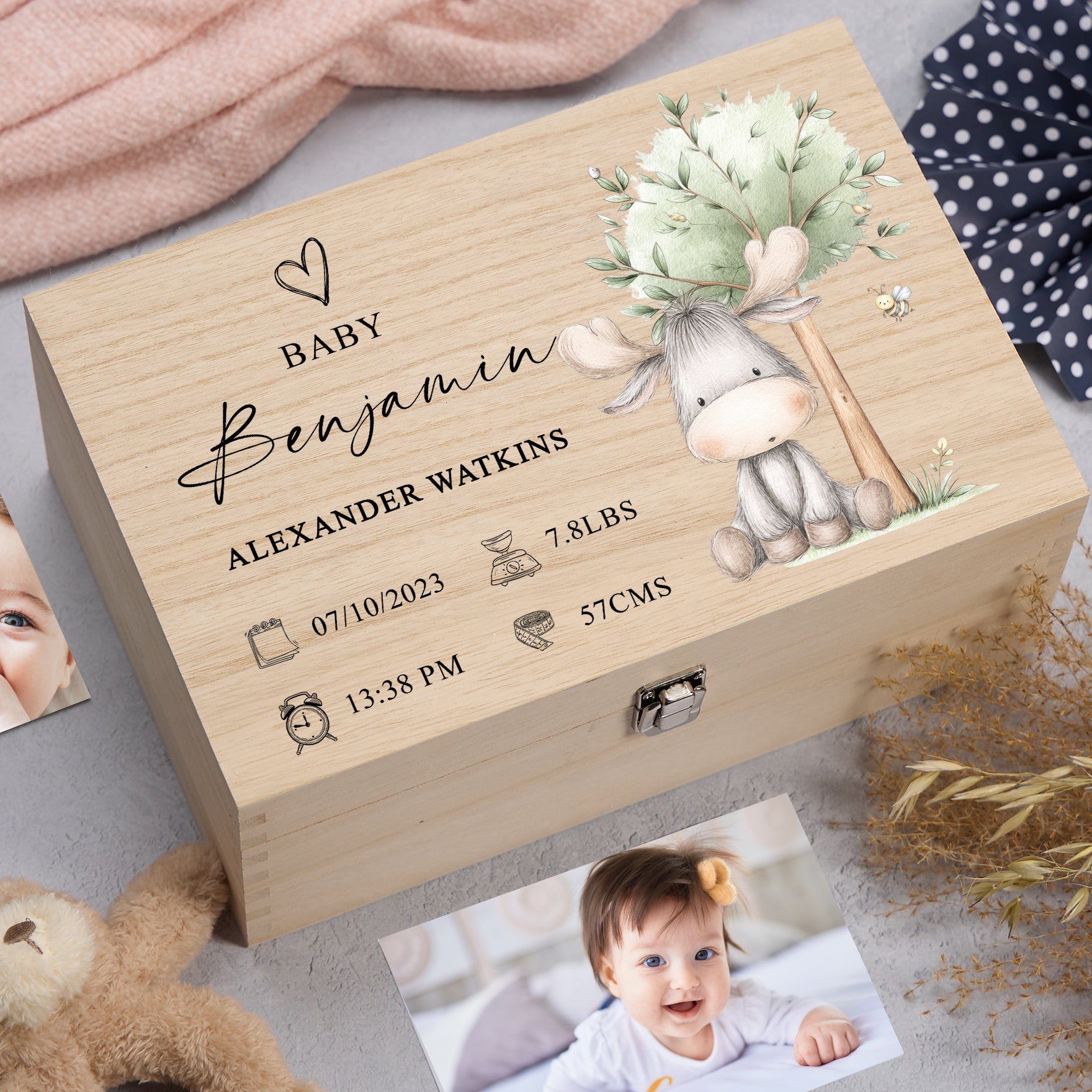 Personalised Wooden Baby Memory Keepsake Box With Furry Cute Boho Animals