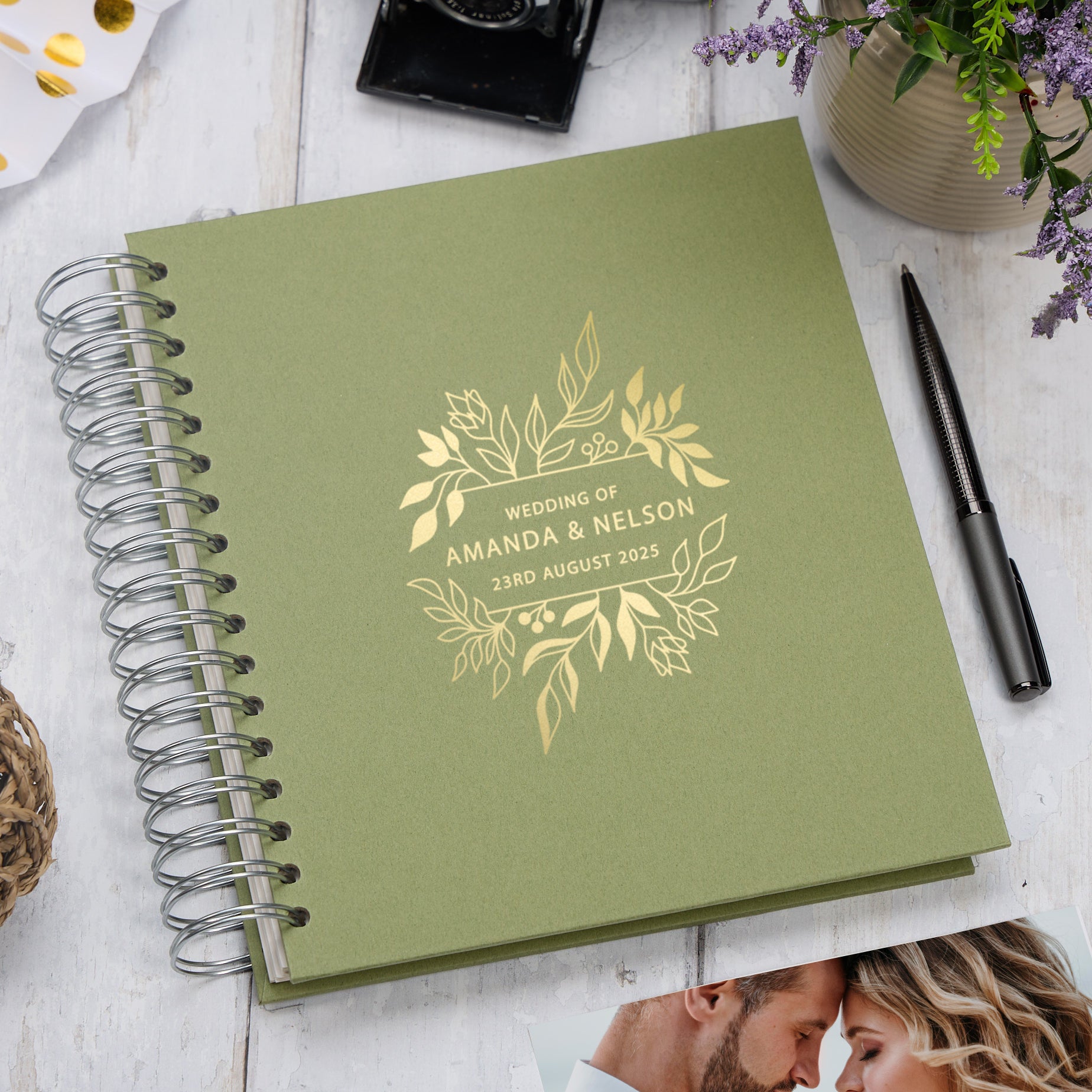 Personalised Large Wedding Photo Album With Flowers, Leaves and Names
