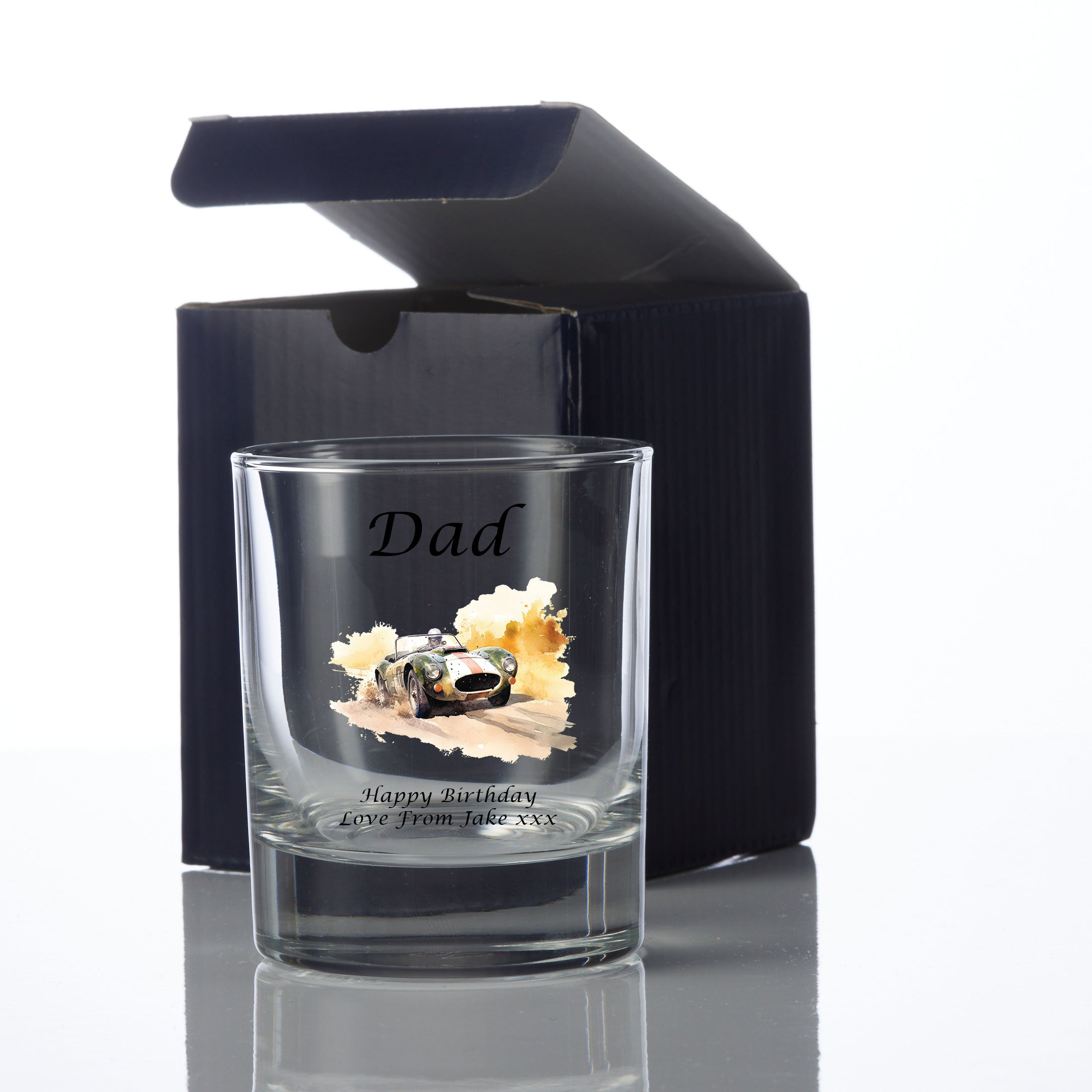 Personalised Dad Whiskey Glass Gift Boxed With Vintage Car