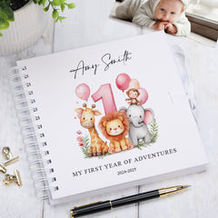Personalised Baby Boy or Girl Scrapbook Safari Animals Design Scrapbook Memories of My First Year Birthday Album