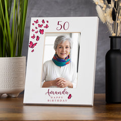 Personalised Any age Birthday White Photo Frame Gift With Butterflies 16th, 18th, 21st, 30th, 40th, 50th, 60th, 70th, 80th