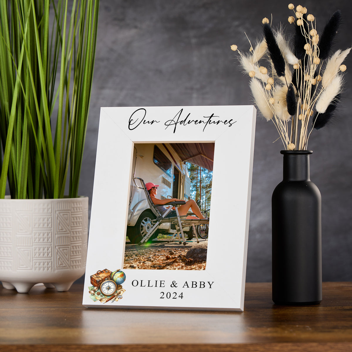 Personalised Our Adventures White Photo Frame With Globe and Suitcase