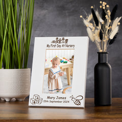 Personalised First Day At Nursery White Photo Frame Engraved