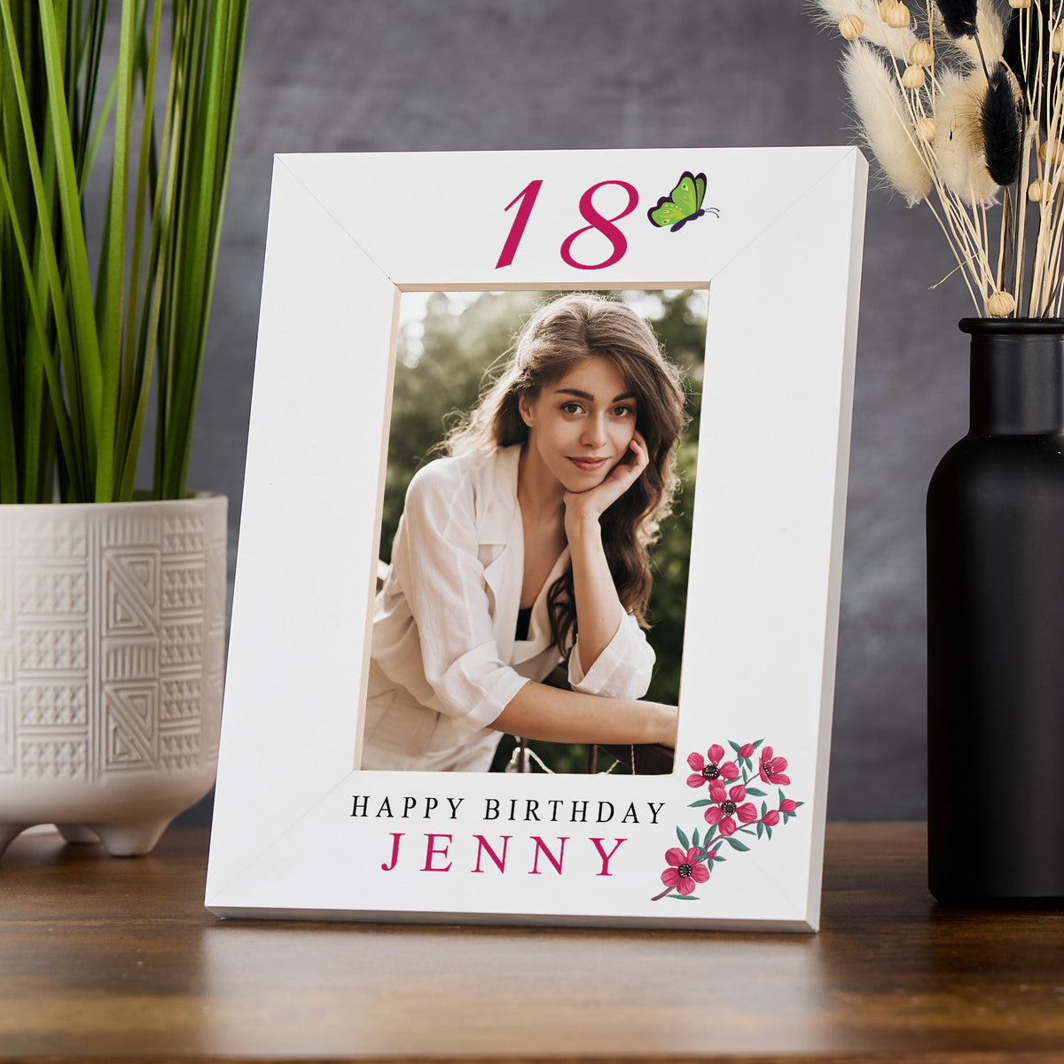 Personalised Any age Birthday White Photo Frame Gift With Flowers 16th, 18th, 21st, 30th, 40th, 50th, 60th, 70th, 80th