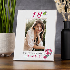 Personalised Any age Birthday White Photo Frame Gift With Flowers 16th, 18th, 21st, 30th, 40th, 50th, 60th, 70th, 80th